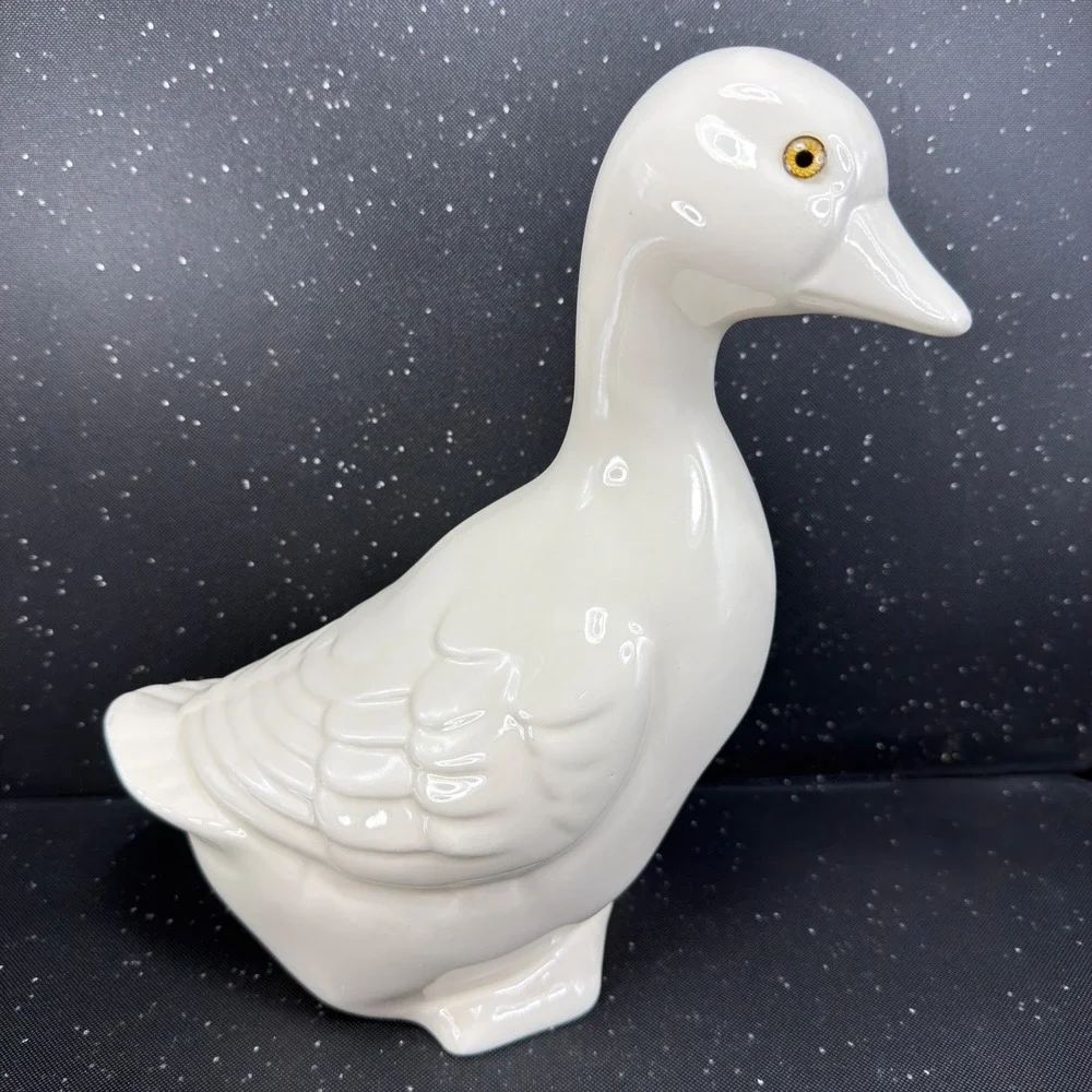 Lionstone Pottery White Ceramic Duck Figurine Glossy Bird Statue 10in Tall